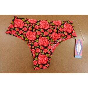Cheek Boss Womens Size Small Black Red Roses Cheeky Panty NWT